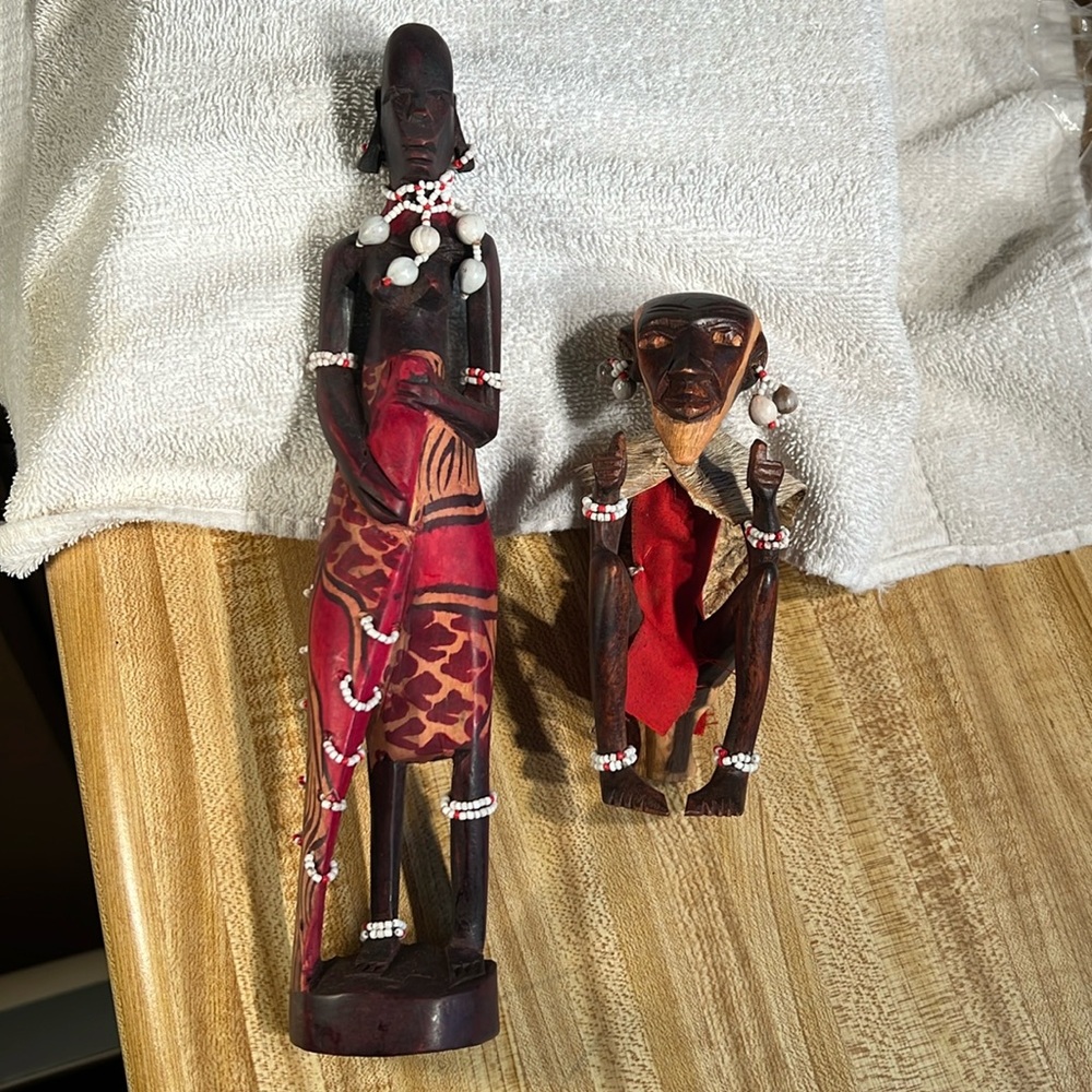 VTG Maasai Elder & Woman Carved Jacaranda African Tribal Art Wooden Beads